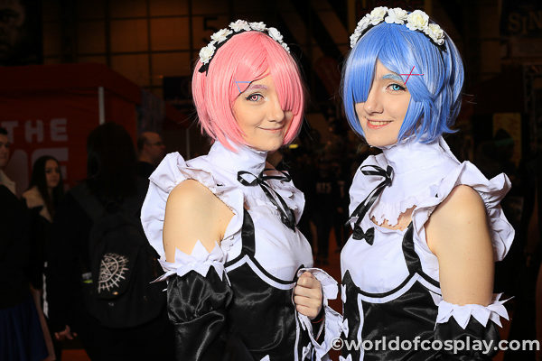 Anime characters, like Ram and her sister Rem from Re:Zero, are often spotted at cons. MCM Birmingham Comic Con November 2016.