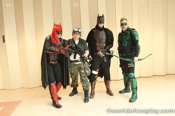 Cosplaying together. Many costuming fans 'play with friends. MCM Birmingham Comic Con March 2019.