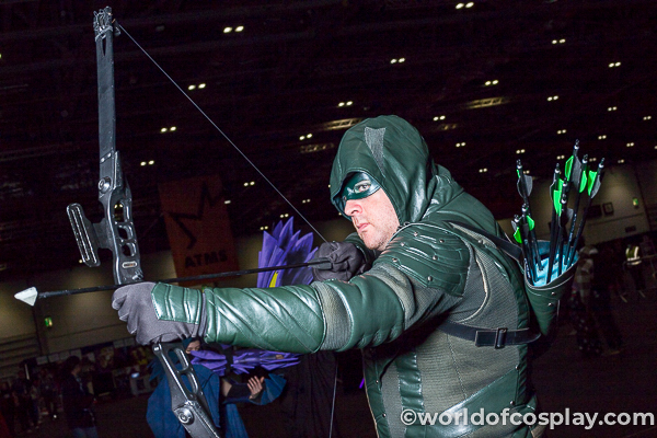 Green Arrow with bow cosplay.