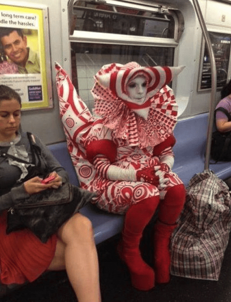 Cosplayer on public transport. 
