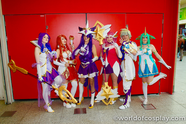 Six fans of Japanese animation pose for the camera at MCM London Comic Con in May 2019