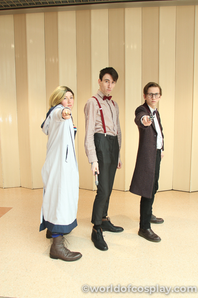 Costuming fans cosplay three incarnations of Dr Who at MCM Birmingham Comic Con March 2019.